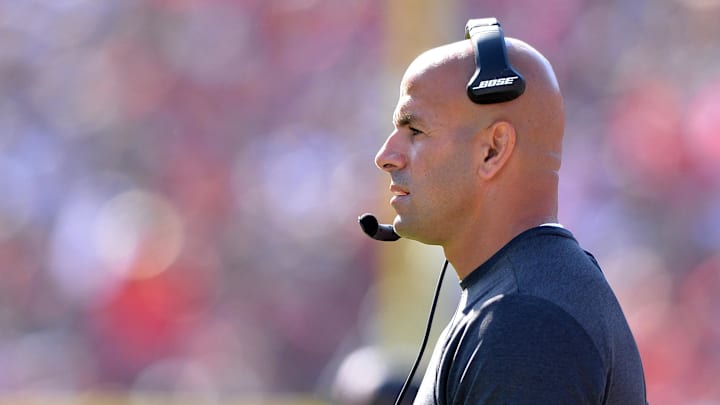 Oct 13, 2019; Los Angeles, CA, USA; San Francisco 49ers defensive coordinator Robert Saleh looks on during the second half against the Los Angeles Rams at Los Angeles Memorial Coliseum. Mandatory Credit: Orlando Ramirez-Imagn Images