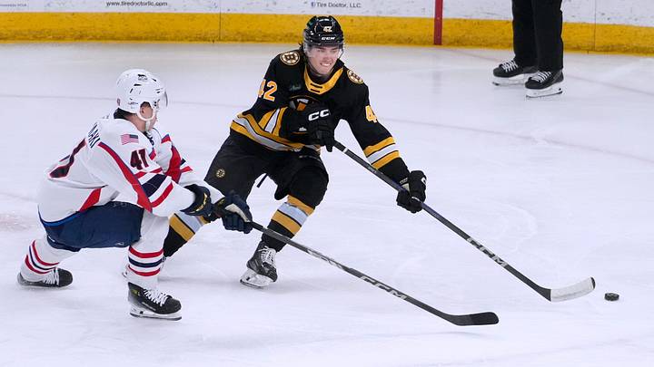 PBruin defenseman Frederic Brunet keeping the puck away from Springfield center Aleksanteri Kaskimaki in the second period. PBruin defenseman Frederic Brunet keeping the puck away from Springfield center Aleksanteri Kaskimaki in the second period.