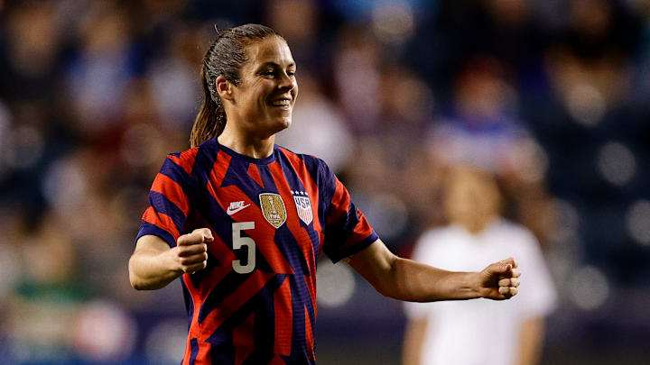 USWNT's Kelley O'Hara celebrates against Uzbekistan