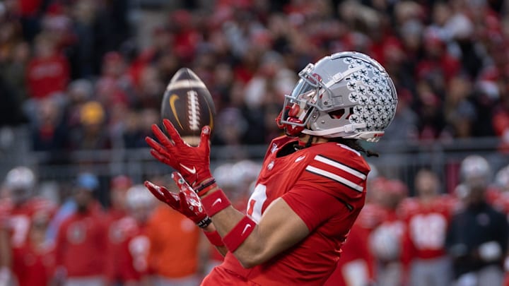 Nov 18, 2023; Columbus, Ohio, USA; 
Ohio State Buckeyes wide receiver Jayden Ballard (9) catches the