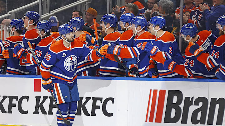 Jan 22, 2026; Edmonton, Alberta, CAN; The Edmonton Oilers celebrate a goal scored by defenseman Jake Wahlman (96) during the second period against the Pittsburgh Penguins at Rogers Place. Mandatory Credit: Perry Nelson-Imagn Images Jan 22, 2026; Edmonton, Alberta, CAN; The Edmonton Oilers celebrate a goal scored by defenseman Jake Wahlman (96) during the second period against the Pittsburgh Penguins at Rogers Place. Mandatory Credit: Perry Nelson-Imagn Images