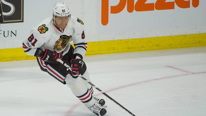 Mar 16, 2017; Ottawa, Ontario, CAN;  Chicago Blackhawks right wing Marian Hossa (81) skates with the puck in the third period against the Ottawa Senators  at the Canadian Tire Centre. The Blackhawks defeated the Senators 2-1. Mandatory Credit: Marc DesRosiers-USA TODAY Sports