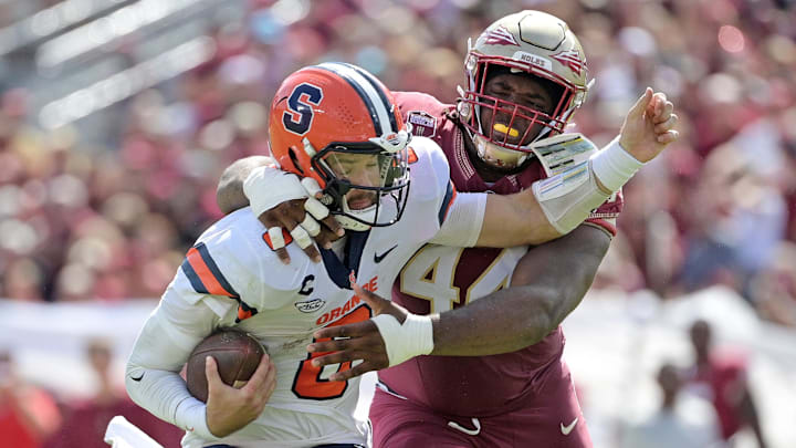 Oct 14, 2023; Tallahassee, Florida, USA; Florida State Seminoles defensive lineman Joshua Farmer