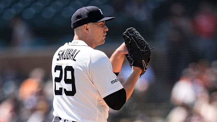 Detroit Tigers pitcher Tarik Skubal (29) throws against Milwaukee Brewers during the first inning at Comerica Park in Detroit on Thursday, April 23, 2026.