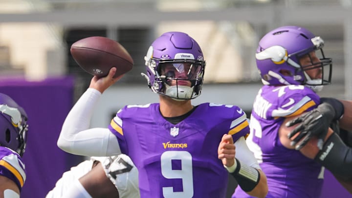 Aug 10, 2024; Minneapolis, Minnesota, USA; Minnesota Vikings quarterback J.J. McCarthy (9) passes against the Las Vegas Raiders in the second quarter at U.S. Bank Stadium. Mandatory Credit: Brad Rempel-Imagn Images