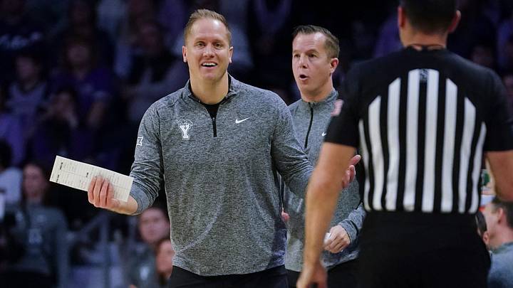 BYU Cougars head coach Kevin Young reacts during the game against Kansas State Wildcats inside Bramlage Coliseum on Jan. 3, 2026.