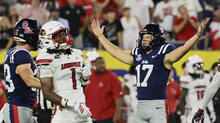 Mississippi Rebels kicker Lucas Carneiro (17) celebrates after kicking the game winning field goal. Mandatory Credit: Steve Roberts-Imagn Images