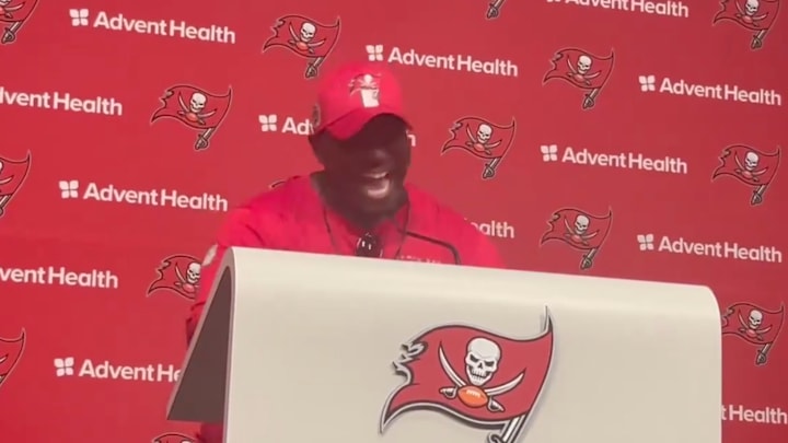 Head coach Todd Bowles jokes around with media during a Tampa Bay Buccaneers Press Conference. Head coach Todd Bowles jokes around with media during a Tampa Bay Buccaneers Press Conference.