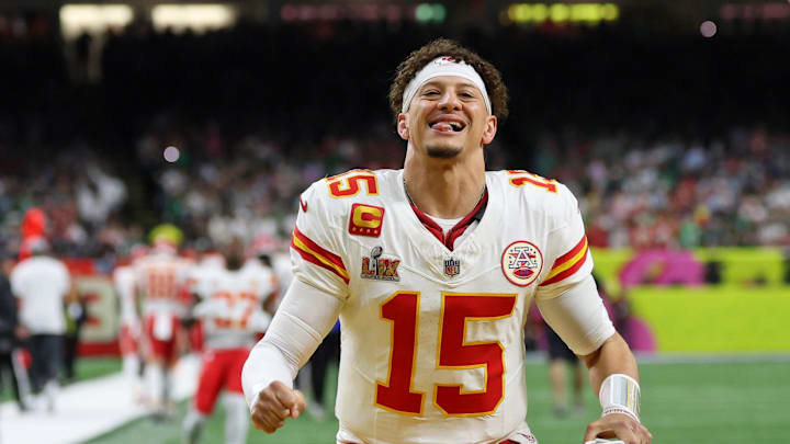 Feb 9, 2025; New Orleans, LA, USA; Kansas City Chiefs quarterback Patrick Mahomes (15) warms up before Super Bowl LIX between the Philadelphia Eagles and the Kansas City Chiefs at Caesars Superdome. Mandatory Credit: Geoff Burke-Imagn Images