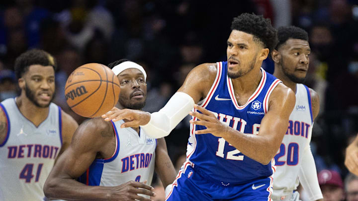 Oct 28, 2021; Philadelphia, Pennsylvania, USA; Philadelphia 76ers forward Tobias Harris (12) passes