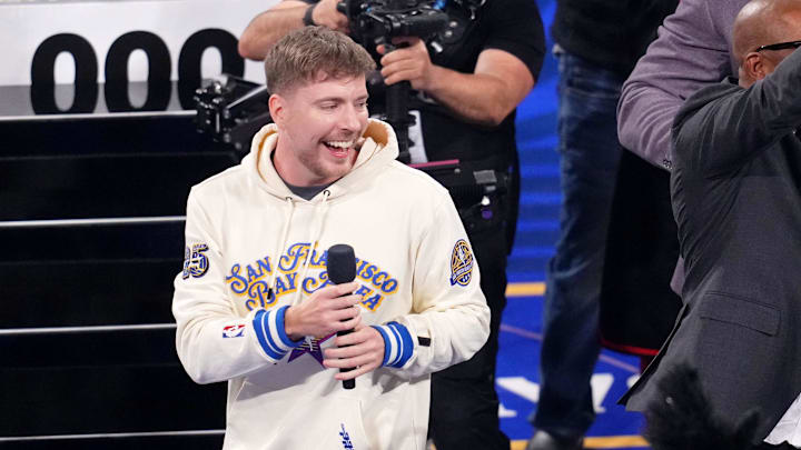 MrBeast celebrates during an activity during the 2025 NBA All Star Game at Chase Center.