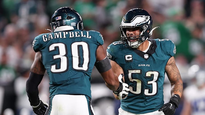 Sep 4, 2025; Philadelphia, Pennsylvania, USA; Philadelphia Eagles linebacker Jihaad Campbell (30) and linebacker Zack Baun (53) react after a play against the Dallas Cowboys during the third quarter of the game at Lincoln Financial Field. Mandatory Credit: Bill Streicher-Imagn Images