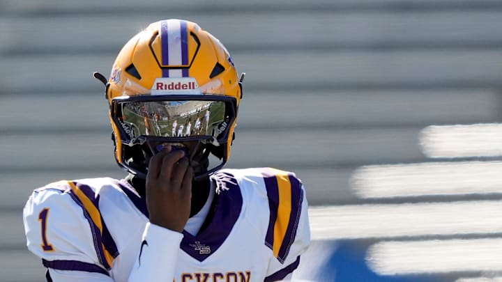 Dec 6, 2024; Birmingham, AL, USA; Jackson's Landon Duckworth (1) comes to the line of scrimmage to run a play against Cherokee County at Protective Stadium in the AHSAA 4A State Championship game.