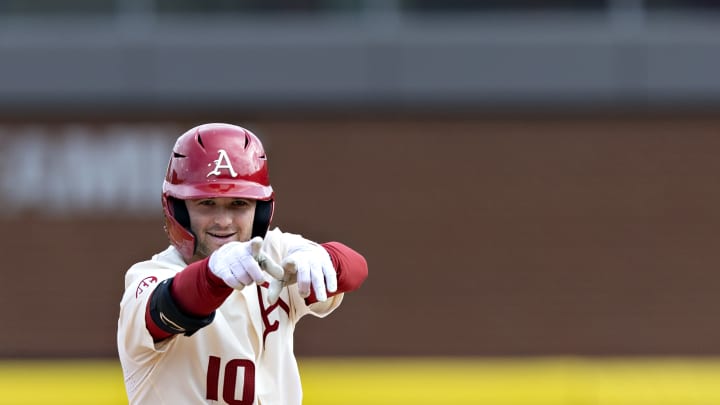 Peyton Stovall celebrates on base against LSU Peyton Stovall celebrates on base against LSU