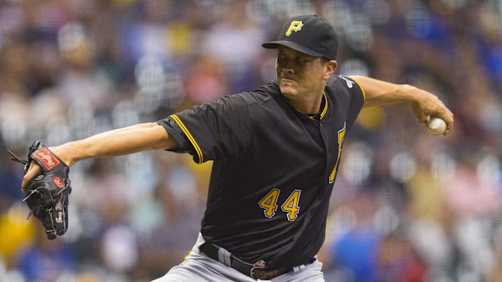 Aug 26, 2016; Milwaukee, WI, USA;  Pittsburgh Pirates pitcher Tony Watson (44) throws a pitch during the ninth inning against the Milwaukee Brewers at Miller Park. Mandatory Credit: Jeff Hanisch-Imagn Images