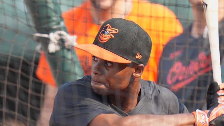 Jul 18, 2023; Baltimore, Maryland, USA; Baltimore Orioles first round draft pick Enrique Bradfield Jr. takes batting practice prior to the game against the Los Angeles Dodgers at Oriole Park at Camden Yards. 