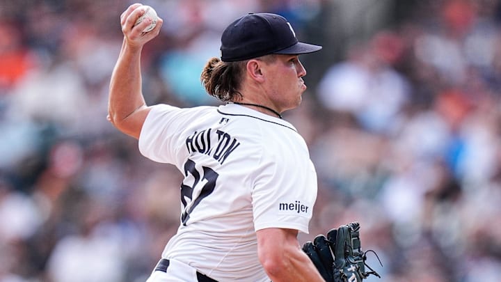 Detroit Tigers pitcher Tyler Holton (87) throws against Cleveland Guardians during the ninth inning at Comerica Park in Detroit on Thursday, Sept. 18, 2025. Detroit Tigers pitcher Tyler Holton (87) throws against Cleveland Guardians during the ninth inning at Comerica Park in Detroit on Thursday, Sept. 18, 2025.