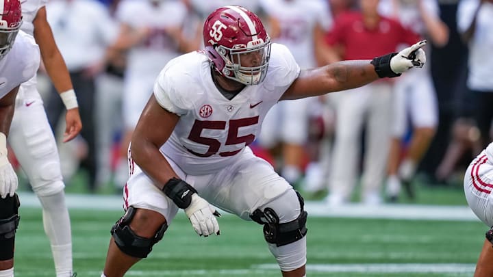 Sep 4, 2021; Atlanta, Georgia, USA; Alabama Crimson Tide offensive lineman Emil Ekiyor Jr. (55) in