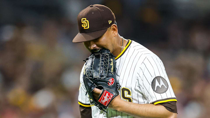 Aug 2, 2025; San Diego, California, USA; San Diego Padres relief pitcher Jeremiah Estrada (56) walks off the field during the fifth inning against the St. Louis Cardinals at Petco Park. Mandatory Credit: David Frerker-Imagn Images