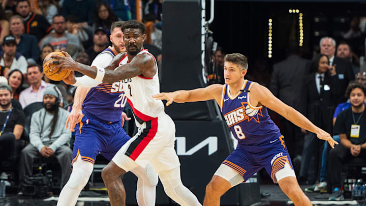 Nov 2, 2024; Phoenix, Arizona, USA; Portland Trail Blazers center Deandre Ayton (2) is double teamed by Phoenix Suns guard Grayson Allen (8) and center Jusuf Nurkic (20) in the second half during a game at Footprint Center. Mandatory Credit: Allan Henry-Imagn Images Nov 2, 2024; Phoenix, Arizona, USA; Portland Trail Blazers center Deandre Ayton (2) is double teamed by Phoenix Suns guard Grayson Allen (8) and center Jusuf Nurkic (20) in the second half during a game at Footprint Center. Mandatory Credit: Allan Henry-Imagn Images