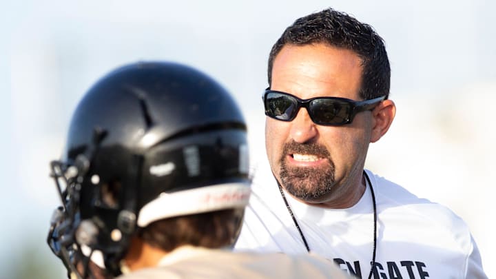 Golden Gate football head coach Nick Bigica reacts during  practice, Tuesday, Aug. 9, 2022, at Golden Gate High School in Naples, Fla.

Golden Gate High School football Practice, Aug. 9