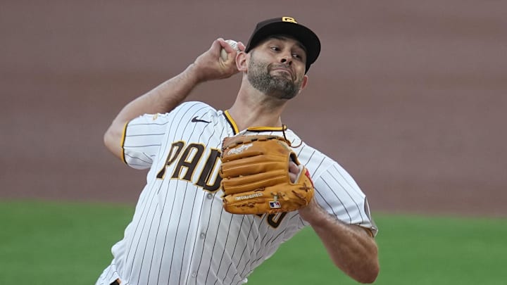Sep 23, 2023; San Diego, California, USA; San Diego Padres starting pitcher Nick Martinez (21) throws a pitch against the St. Louis Cardinals during the first inning at Petco Park. Mandatory Credit: Ray Acevedo-Imagn Images