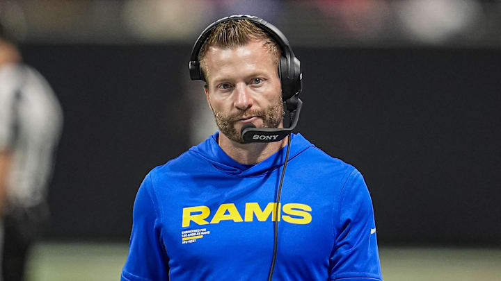 Dec 29, 2025; Atlanta, Georgia, USA; Los Angeles Rams head coach Sean McVay reacts on the sidelines during the game against the Atlanta Falcons at Mercedes-Benz Stadium. Mandatory Credit: Dale Zanine-Imagn Images