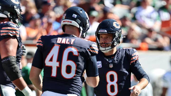 Oct 4, 2026; Chicago, Illinois, USA; Chicago Bears kicker Cairo Santos (8) with long snapper Scott Daly (46) after kicking a field goal against the New York Jets during the second quarter at Soldier Field. Mandatory Credit: Mike Dinovo-Imagn Images Oct 4, 2026; Chicago, Illinois, USA; Chicago Bears kicker Cairo Santos (8) with long snapper Scott Daly (46) after kicking a field goal against the New York Jets during the second quarter at Soldier Field. Mandatory Credit: Mike Dinovo-Imagn Images
