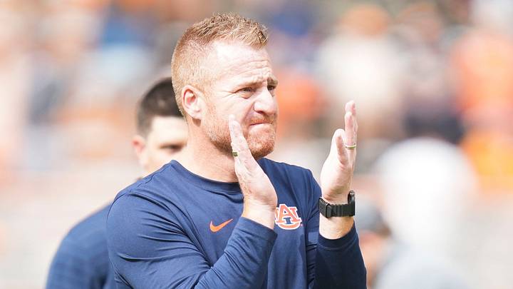 Auburn coach Alex Golesh on the field before a game between Tennessee and Auburn in Knoxville, Tenn., Oct. 3, 2026.