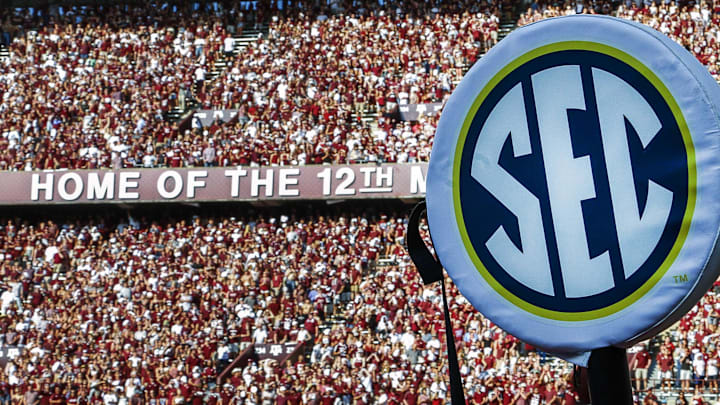 Sep 3, 2016; College Station, TX, USA; The east stands of Kyle Field with SEC logo on chains during a game between the Texas A&M Aggies and the UCLA Bruins. Texas A&M won in overtime 31-24. Mandatory Credit: Ray Carlin-USA TODAY Sports