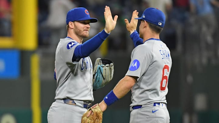 Jun 10, 2025; Philadelphia, Pennsylvania, USA; Chicago Cubs outfielder Ian Happ (8) celebrates win against the Philadelphia Phillies with Chicago Cubs third base Matt Shaw (6) at Citizens Bank Park.