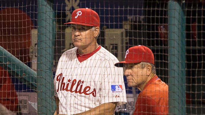 Jun 19, 2015; Philadelphia, PA, USA; Philadelphia Phillies manager Ryne Sandberg (L) and bench coach Larry Bowa (R) watch the ninth inning against the St. Louis Cardinals at Citizens Bank Park. The St. Louis Cardinals won 12-4. Jun 19, 2015; Philadelphia, PA, USA; Philadelphia Phillies manager Ryne Sandberg (L) and bench coach Larry Bowa (R) watch the ninth inning against the St. Louis Cardinals at Citizens Bank Park. The St. Louis Cardinals won 12-4.