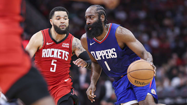 Mar 6, 2024; Houston, Texas, USA; Los Angeles Clippers guard James Harden (1) in action during the game against the Houston Rockets at Toyota Center. Mandatory Credit: Troy Taormina-Imagn Images