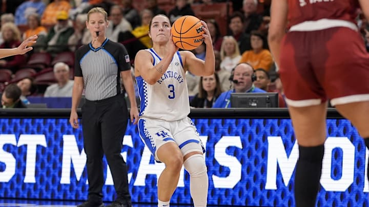 Mar 7, 2025; Greenville, SC, USA; Kentucky Wildcats guard Georgia Amoore (3) shoots a thee pointer against the Oklahoma Sooners during the second half at Bon Secours Wellness Arena. Mandatory Credit: Jim Dedmon-Imagn Images