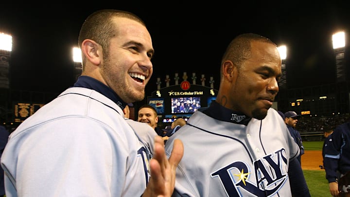 Evan Longoria, 3, with Carl Crawford, 13, following the 2008 ALDS.