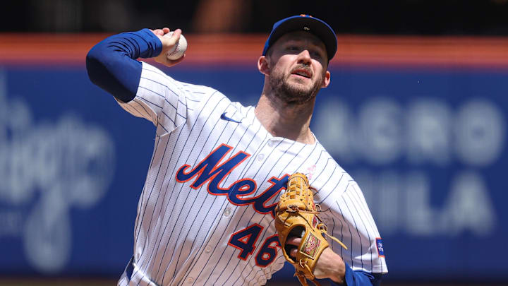 May 11, 2025; New York City, New York, USA; New York Mets starting pitcher Griffin Canning (46) delivers a pitch during the third inning against the Chicago Cubs at Citi Field. Mandatory Credit: Vincent Carchietta-Imagn Images