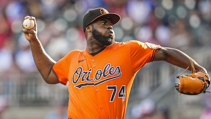 Jul 5, 2025; Cumberland, Georgia, USA; Baltimore Orioles relief pitcher Felix Bautista (74) pitches against the Atlanta Braves during the ninth inning at Truist Park. Mandatory Credit: Dale Zanine-Imagn Images