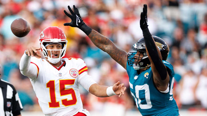 Aug 10, 2024; Jacksonville, Florida, USA; Kansas City Chiefs quarterback Patrick Mahomes (15) looks to throw a pass during the first quarter against the Jacksonville Jaguars at EverBank Stadium. Mandatory Credit: Douglas DeFelice-Imagn Images Aug 10, 2024; Jacksonville, Florida, USA; Kansas City Chiefs quarterback Patrick Mahomes (15) looks to throw a pass during the first quarter against the Jacksonville Jaguars at EverBank Stadium. Mandatory Credit: Douglas DeFelice-Imagn Images