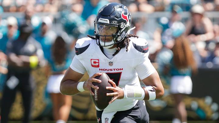 Sep 21, 2025; Jacksonville, Florida, USA; Houston Texans quarterback C.J. Stroud (7) runs with the ball during the second quarter against the Jacksonville Jaguars at EverBank Stadium. Mandatory Credit: Travis Register-Imagn Images