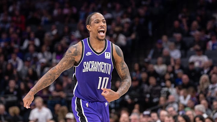 Jan 19, 2025; Sacramento, California, USA; Sacramento Kings forward DeMar DeRozan (10) reacts to a missed shot against the Washington Wizards during the fourth quarter at Golden 1 Center. Mandatory Credit: Ed Szczepanski-Imagn Images