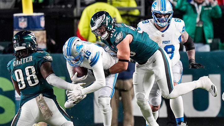 Detroit Lions quarterback Jared Goff is sacked by Philadelphia Eagles linebacker Jaelan Phillips (50) during the first half at Lincoln Financial Field in Philadelphia on Sunday, November 16, 2025. Detroit Lions quarterback Jared Goff is sacked by Philadelphia Eagles linebacker Jaelan Phillips (50) during the first half at Lincoln Financial Field in Philadelphia on Sunday, November 16, 2025.