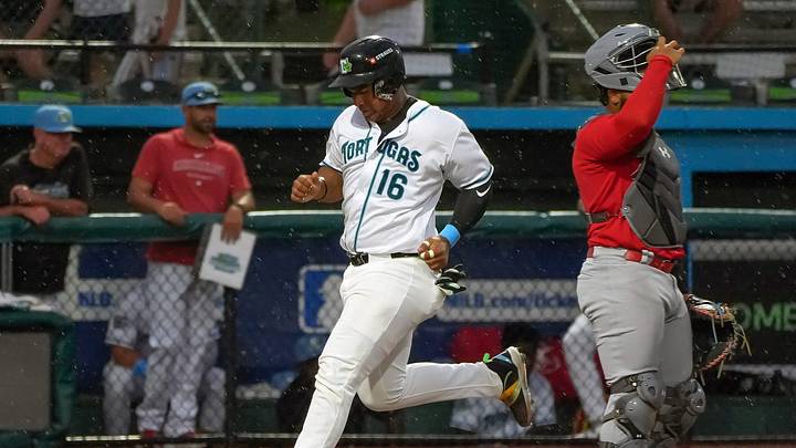 Daytona Tortugas Alfredo Duno trots across home plate to score during a game with the Palm Beach Cardinals at Jackie Robinson Ballpark in Daytona Beach, Friday, June 27, 2025.
