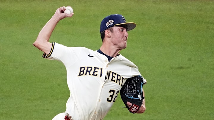Jul 15, 2025; Cumberland, Georgia, USA; National League pitcher Jacob
Misiorowski of the Milwaukee Brewers pitches  during the eighth inning during the 2025 MLB All Star Game at Truist Park. Mandatory Credit: Dale Zanine-Imagn Images