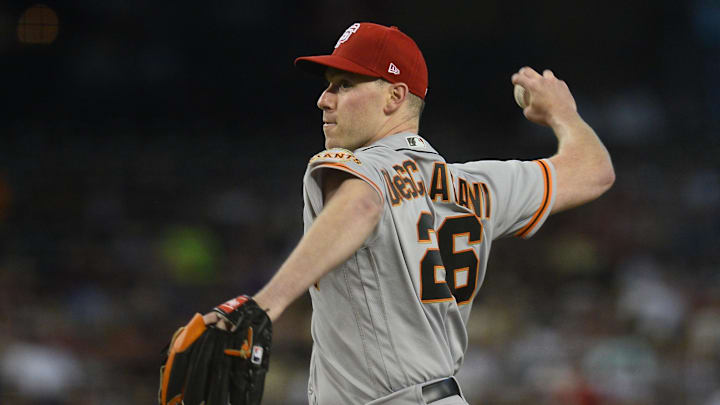 Jul 4, 2021; Phoenix, Arizona, USA; San Francisco Giants starting pitcher Anthony DeSclafani (26) pitches against the Arizona Diamondbacks during the first inning at Chase Field. Mandatory Credit: Joe Camporeale-Imagn Images