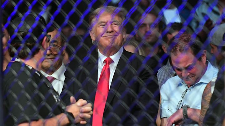 Jul 10, 2021; Las Vegas, Nevada, USA; Former US President Donald Trump attends UFC 264 at T-Mobile