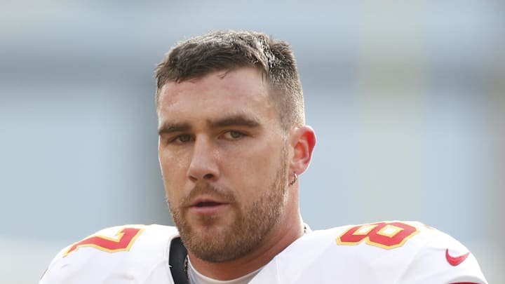 Dec 21, 2014; Pittsburgh, PA, USA; Kansas City Chiefs tight end Travis Kelce (87) on the field before playing the Pittsburgh Steelers at Heinz Field. The Steelers won 20-12. Mandatory Credit: Charles LeClaire-Imagn Images
