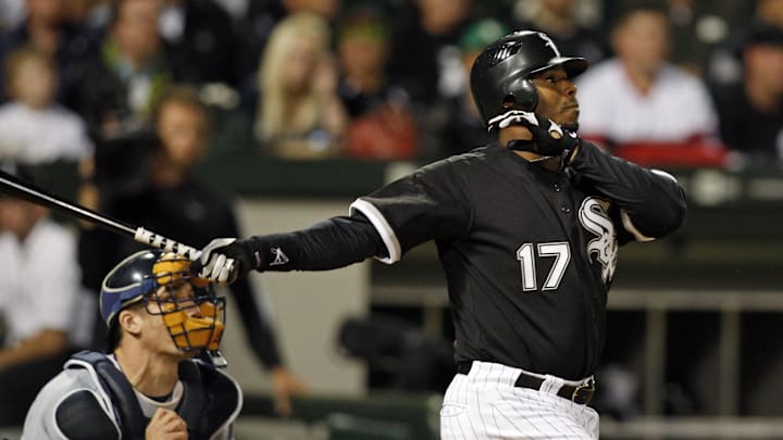 Chicago White Sox right fielder Ken Griffey Jr. (17) hits a two-run double during the fifth inning of the second game of a doubleheader against the Detroit Tigers at US Cellular Field in 2008.