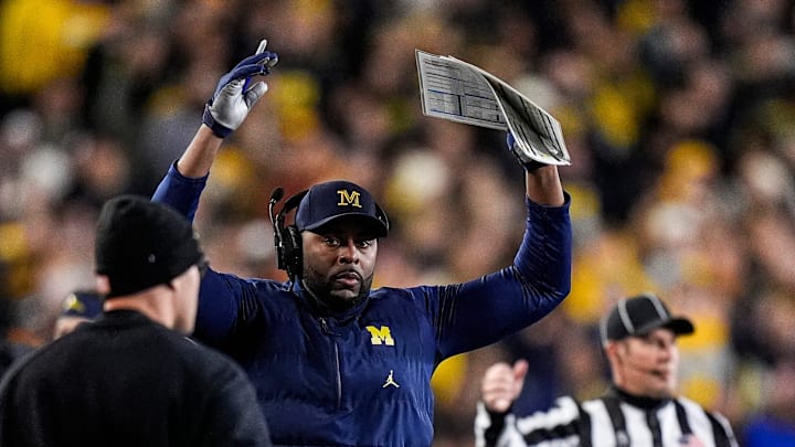 Michigan head coach Sherrone Moore reacts to a play against Purdue during the second half at Michigan Stadium in Ann Arbor on Saturday, November 1, 2025.