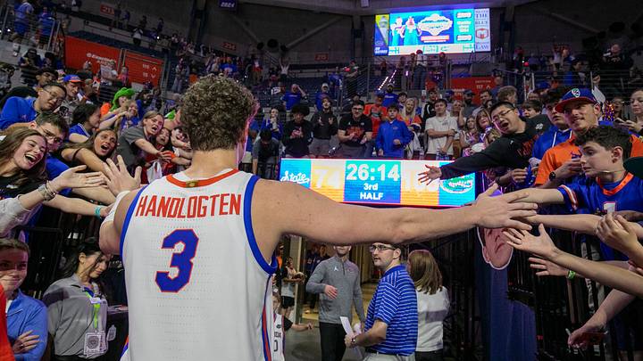 Florida center Micah Handlogten (3) greets fans after Florida’s 108-77 win over Mississippi State after an NCAA mens basketball game at Steven C. O'Connell Center Exactek arena in Gainesville, FL on Tuesday, March 3, 2026. [Alan Youngblood/Gainesville Sun]