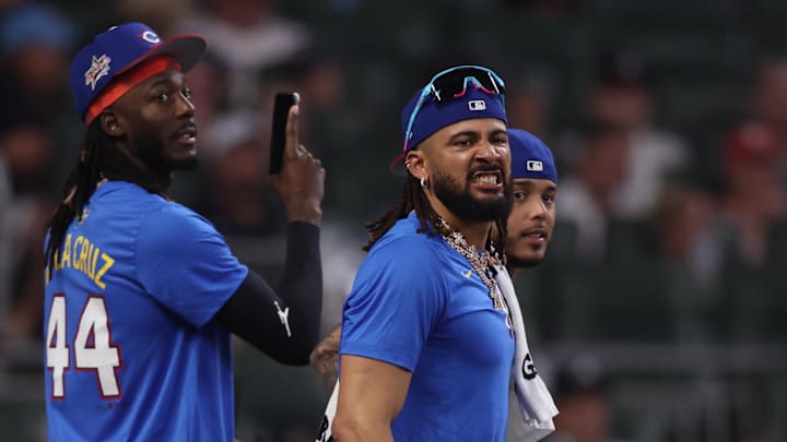 Jul 14, 2025; Atlanta, GA, USA; National League outfielder Fernando Tatis Jr. (23) of the San Diego Padres reacts during the 2025 Home Run Derby at Truist Park. Mandatory Credit: Brett Davis-Imagn Images
